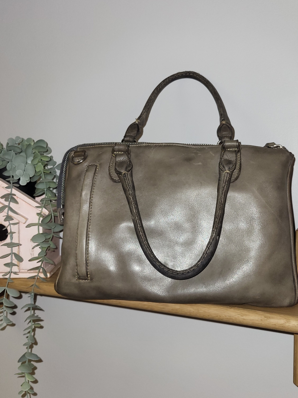 ROOTS Grey Leather Satchel Bag